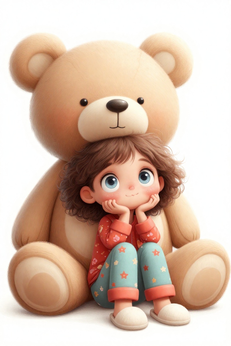 Detailed illustration on a white background: A cute cartoon girl with big blue eyes,  wearing New Year's print pajamas and...