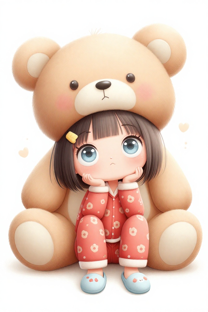 Kawaii.,  anime.,  whimsical. Detailed illustration on a white background: A cute cartoon girl with big blue eyes on Tenso...