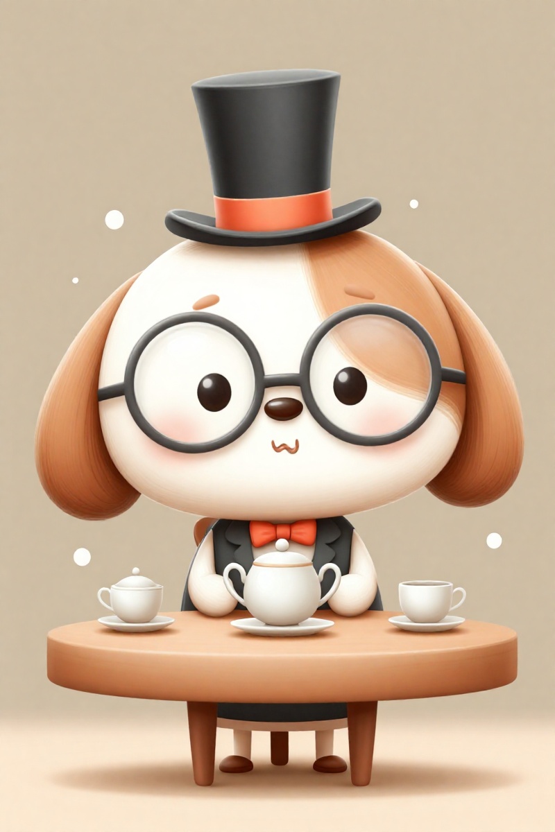 a cartoon dog with a top hat and glasses sitting at a table with a tea set,  cartoon style,  full shot on Tensor.Art