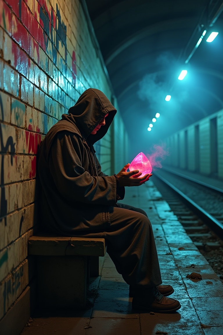 Low-angle shot of a ragged soothsayer perched on a broken bench in an abandoned subway station,  shrouded in darkness and...