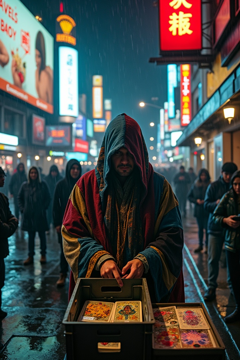 Medium shot of a fortune teller wrapped in patchwork robes standing beneath a flickering billboard advertising corporate p...