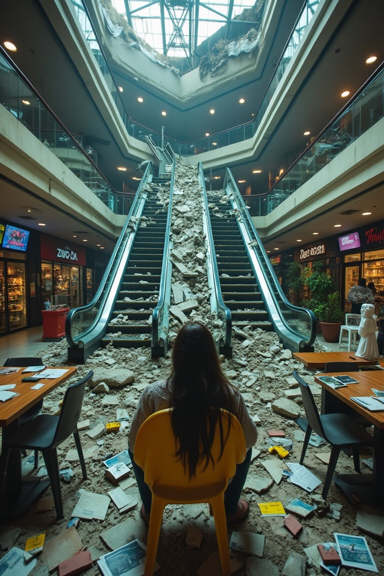 Inside a collapsed shopping mall,  a fortune teller has claimed the food court as their temple. Broken escalators lead to...