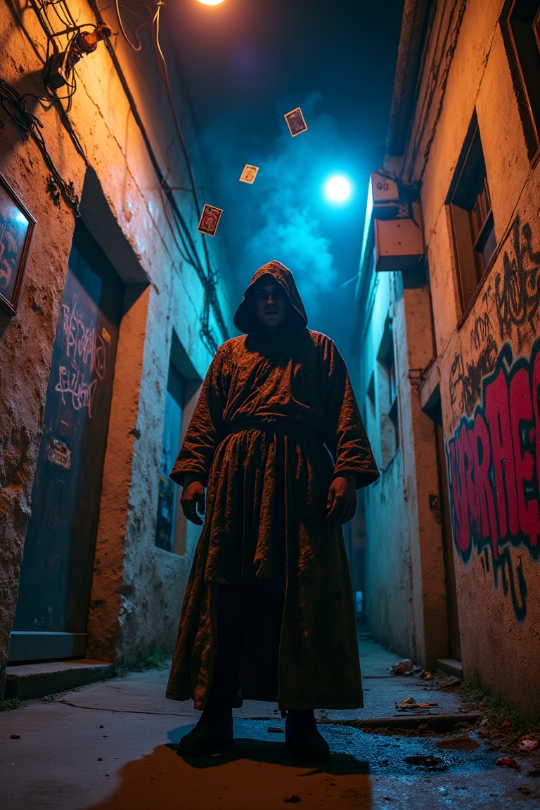 Low-angle shot in a narrow dystopian inner-city alley at night,  drenched in neon and shadow. A modern-day fortune teller...