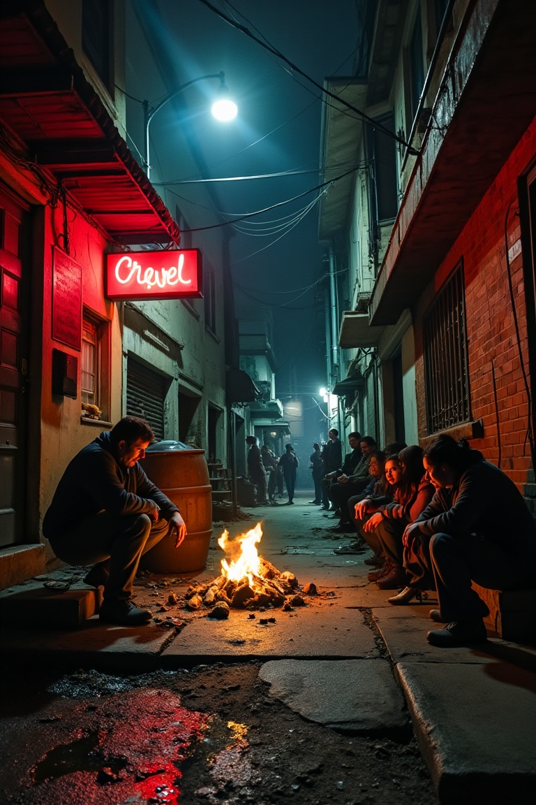 A dingy alley lit by a single buzzing neon sign. The oracle crouches beside a barrel fire,  casting bones and shards of br...