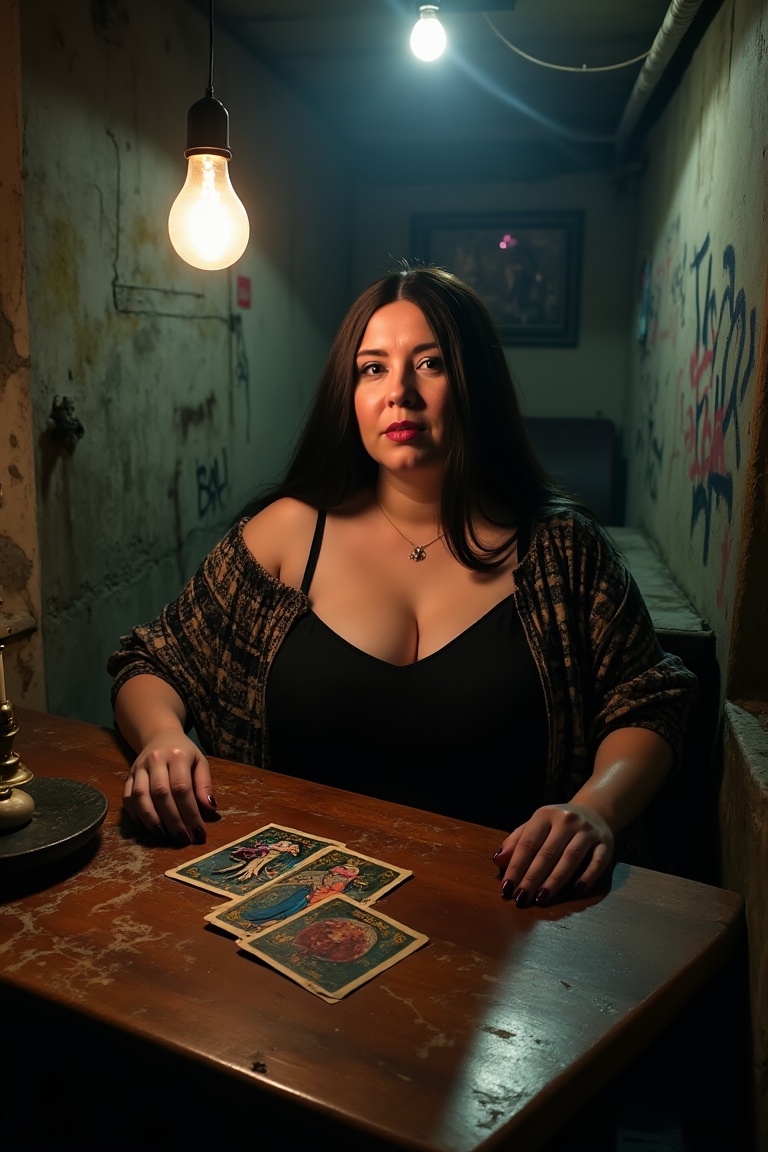 Close-up,  dimly lit,  smoke-filled backroom hidden behind a crumbling inner-city pawn shop. A lady fortune teller with lo...