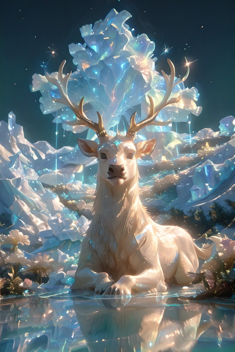 A majestic white stag with antlers stands on a glowing,  floating iceberg against a backdrop of vibrant auroras. The scene...