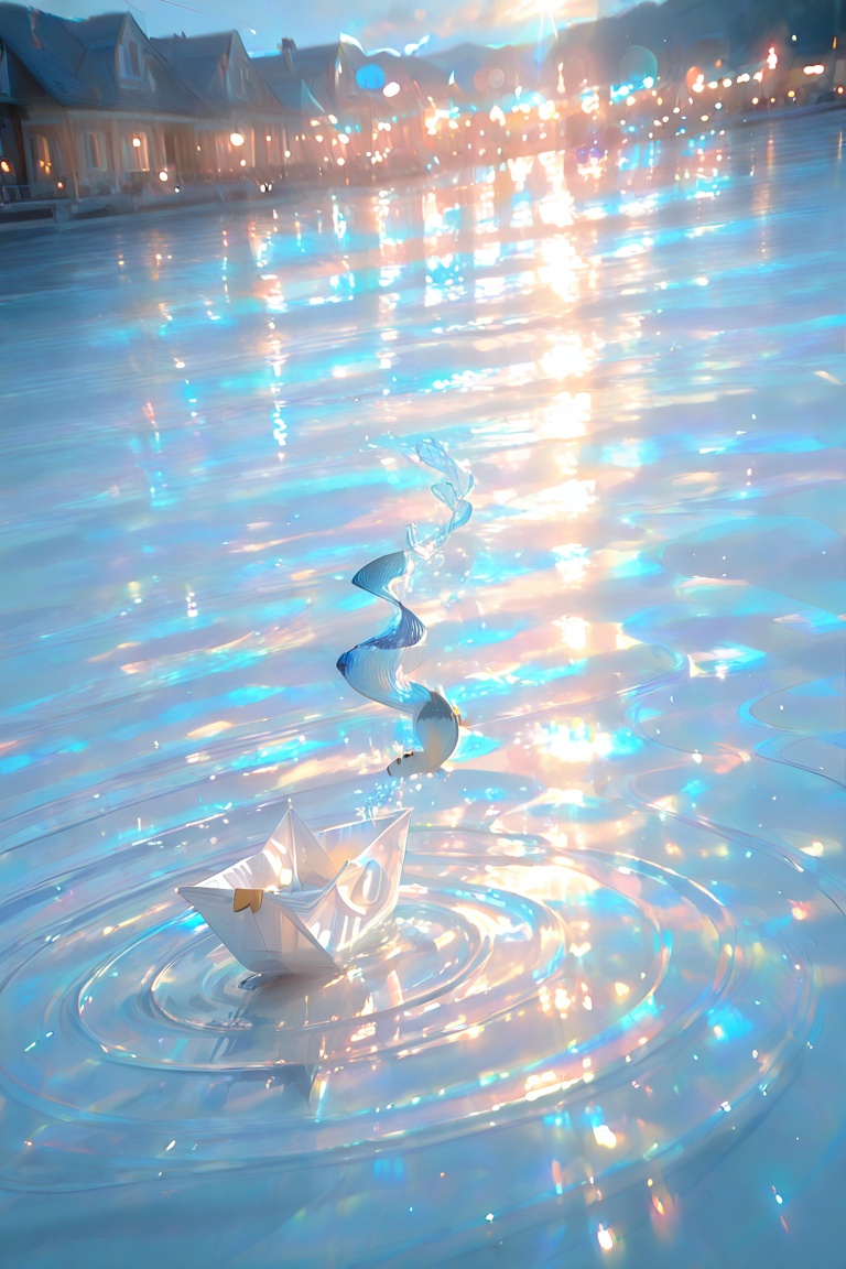 a tiny paper boat floating on calm reflective water,  soft dreamy lighting,  pastel tones on Tensor.Art