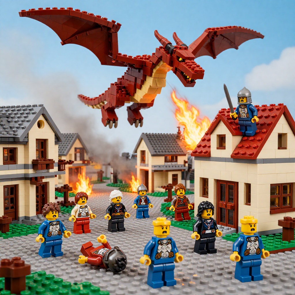 A LEGO medieval village with a dramatic scene in the foreground: a group of LEGO minifigures with panicked expressions run...