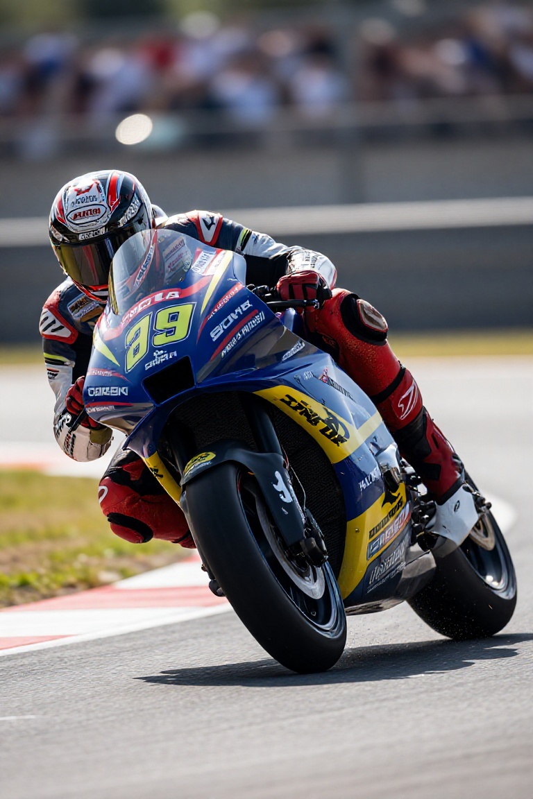 A ultra realistic photo,  a extremly detailed depiction of a Moto gp racer taking a corner with his knee pad scraping the...