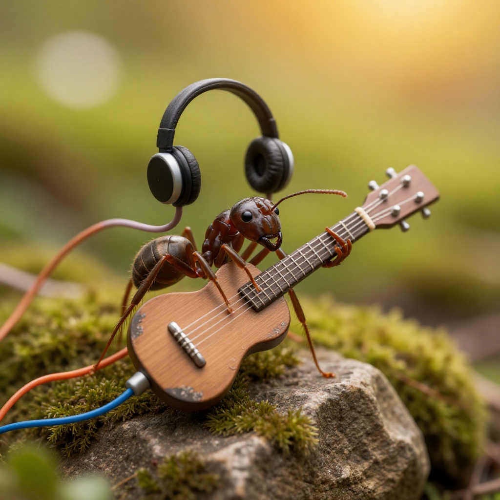 an ant,  an intricately detailed ant with shiny exoskeleton,  wearing a miniature headphone with colorful cords on Tensor.Art