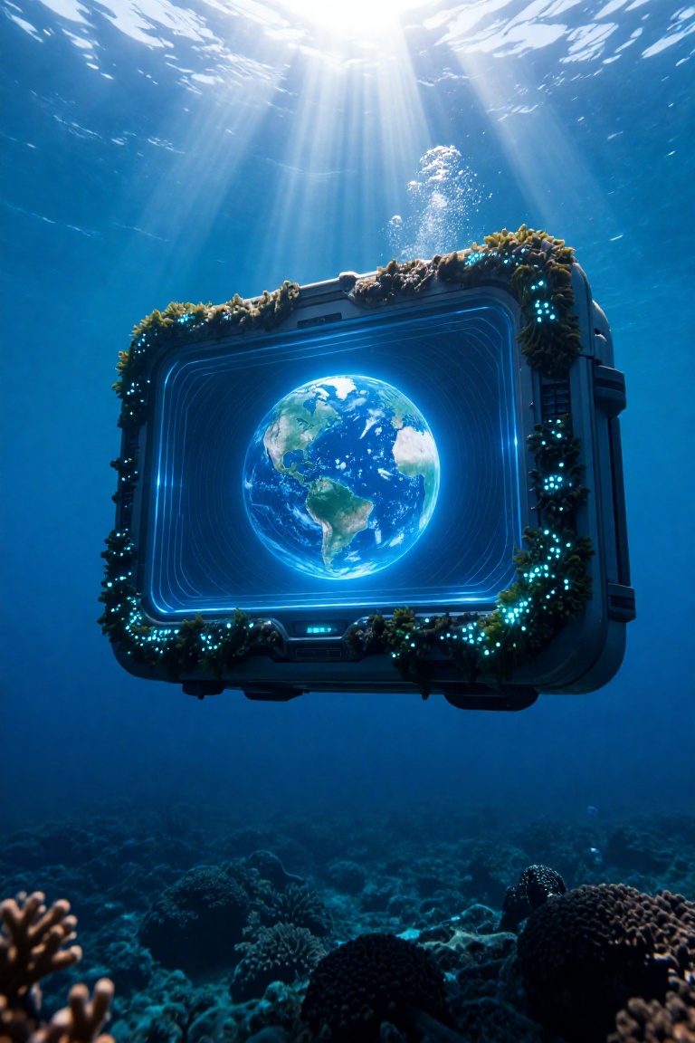 Wide-angle underwater shot,  deep blue ocean with rays of sunlight piercing through,  a colossal futuristic computer suspe...