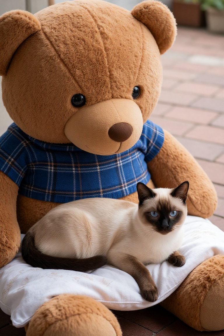 A close-up photograph showcasing a large,  plush teddy bear with brown fur and a blue plaid scarf. The bear's face is prom...