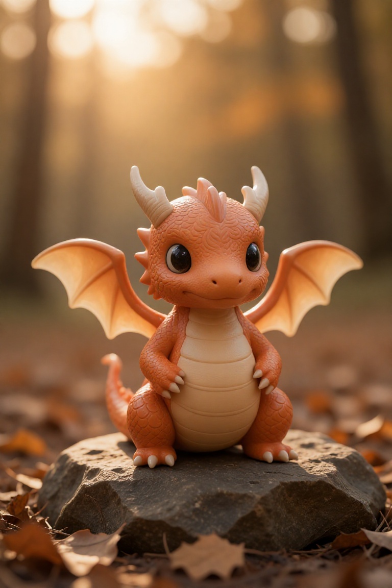 The image shows a small,  adorable dragon figurine sitting on a rock. The dragon has large,  expressive eyes and is covere...