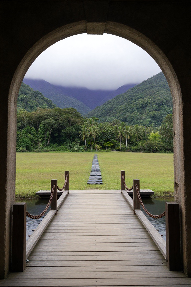 Looking out through a wide stone archway. The archway ends in a wooden drawbridge with heavy,  rusted chains spanning a ri...