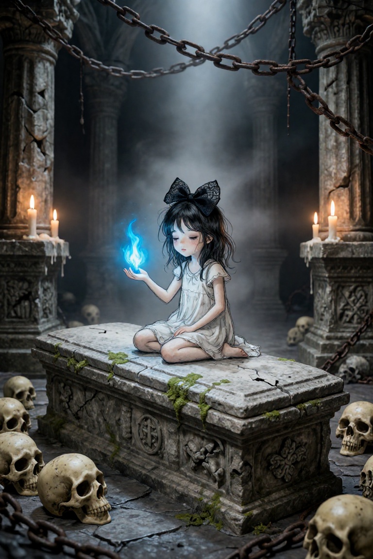 A semirealistic version of ceriamelia style,  a striking juxtaposition between a whimsical,  hand-drawn young necromancer...