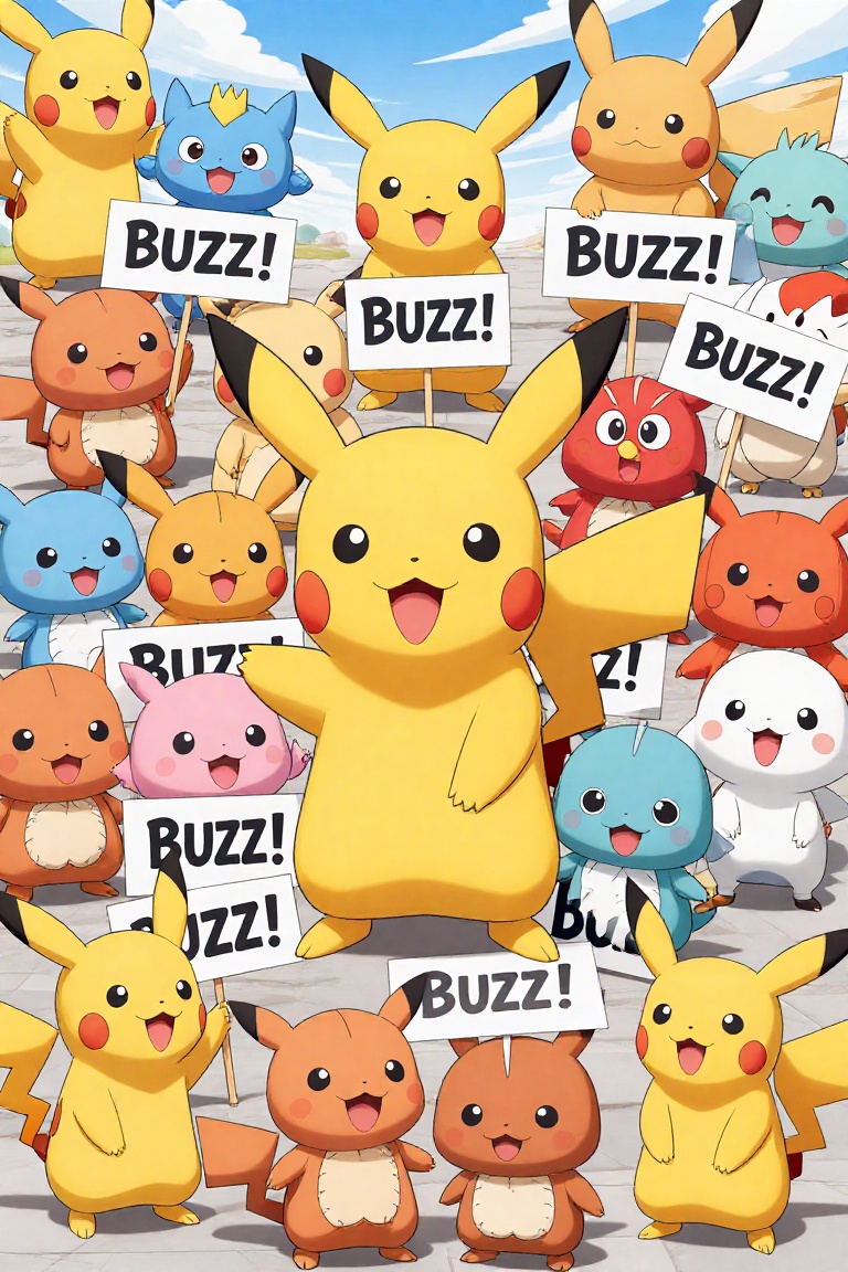 riot protest of lots of pokemon like cute creatures all of them having signs with the word buzz!!! doing a lot of mayhem a...