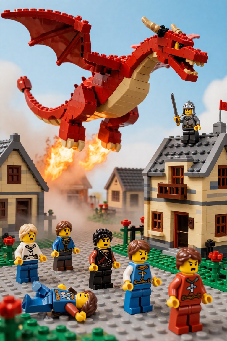 A LEGO medieval village with a dramatic scene in the foreground: a group of LEGO minifigures with panicked expressions run...