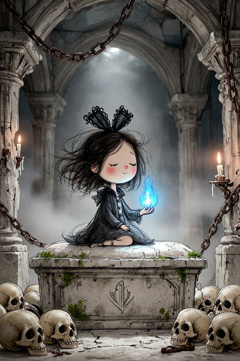 A semirealistic version of ceriamelia style,  a striking juxtaposition between a whimsical,  hand-drawn young necromancer...
