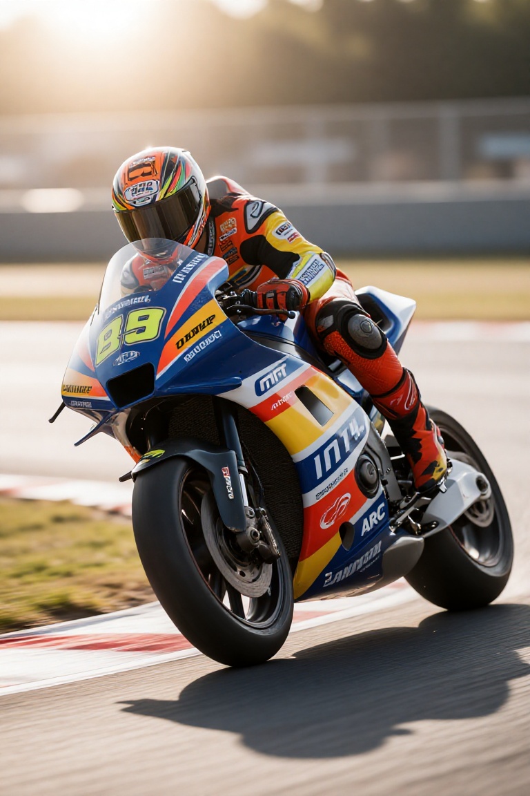 A ultra realistic photo,  a extremly detailed depiction of a Moto gp racer taking a corner with his knee pad scraping the...