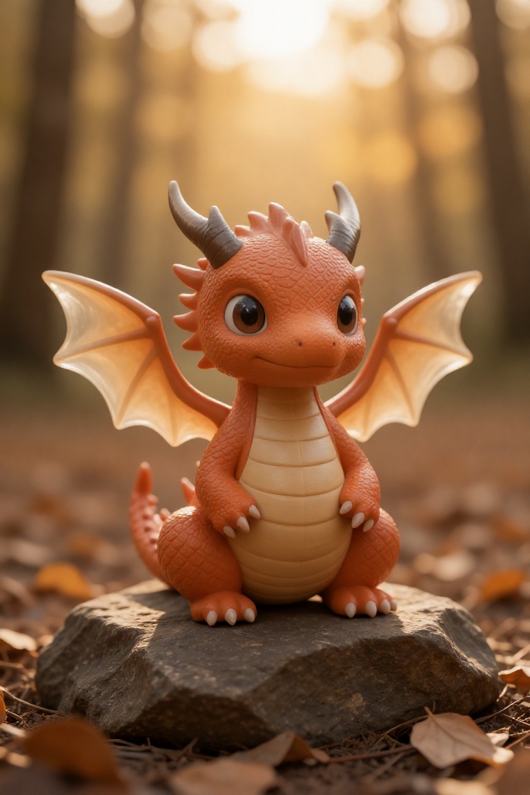The image shows a small,  adorable dragon figurine sitting on a rock. The dragon has large,  expressive eyes and is covere...