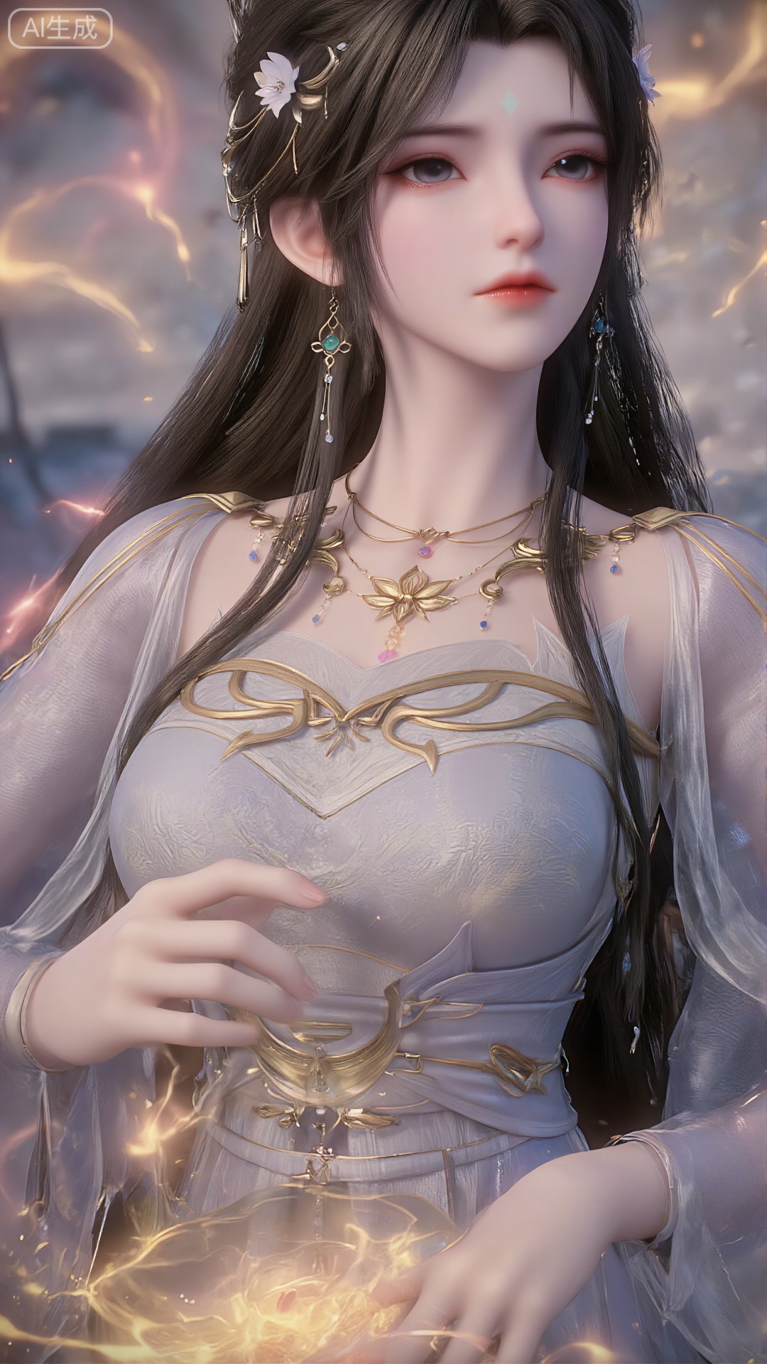 Morning light, soft focus, exquisite portrait, close-up, 3D rendering, extreme details, fairies, long black hair, flawless skin, black pupils and white veil completely cover the nose and mouth. The picture style is national wind animation, high saturation color halo effect, dynamic light and dynamic composition of character posture. The wind blows through the yellow and white petals, the mouth is slightly open, and the lens direction is 30 degrees from bottom to top, opening an umbrella.(Top view: 0.7) Clearly shows the girl's posture and upper body, (Looking up at the audience: 0.4) Eyes are gently locked.Holding a basket full of oranges.Holding a basket full of oranges.Holding a basket full of oranges.Holding a basket full of blueberries.Holding a basket full of blueberries.Holding a basket full of blueberries.