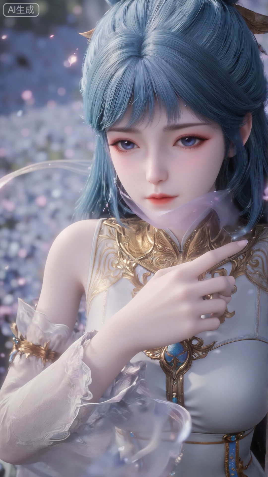 Morning light, soft focus, exquisite portrait, close-up, 3D rendering, extreme details, fairy, long blue to pink hair, flawless skin, blue pupils, white veil completely covering the nose and mouth. The style of the picture is national wind animation, high saturation color glow effect, dynamic light and dynamic composition of characters' postures. The wind blows through the blue petals, the mouth is slightly open, the lens direction is 30 degrees from bottom to top, and an umbrella is opened.(Top view: 0.7) Clearly shows the girl's posture and upper body, (Looking up at the audience: 0.4) Eyes are gently locked.Holding a basket full of blueberries.Holding a basket full of blueberries.Holding a basket full of blueberries.