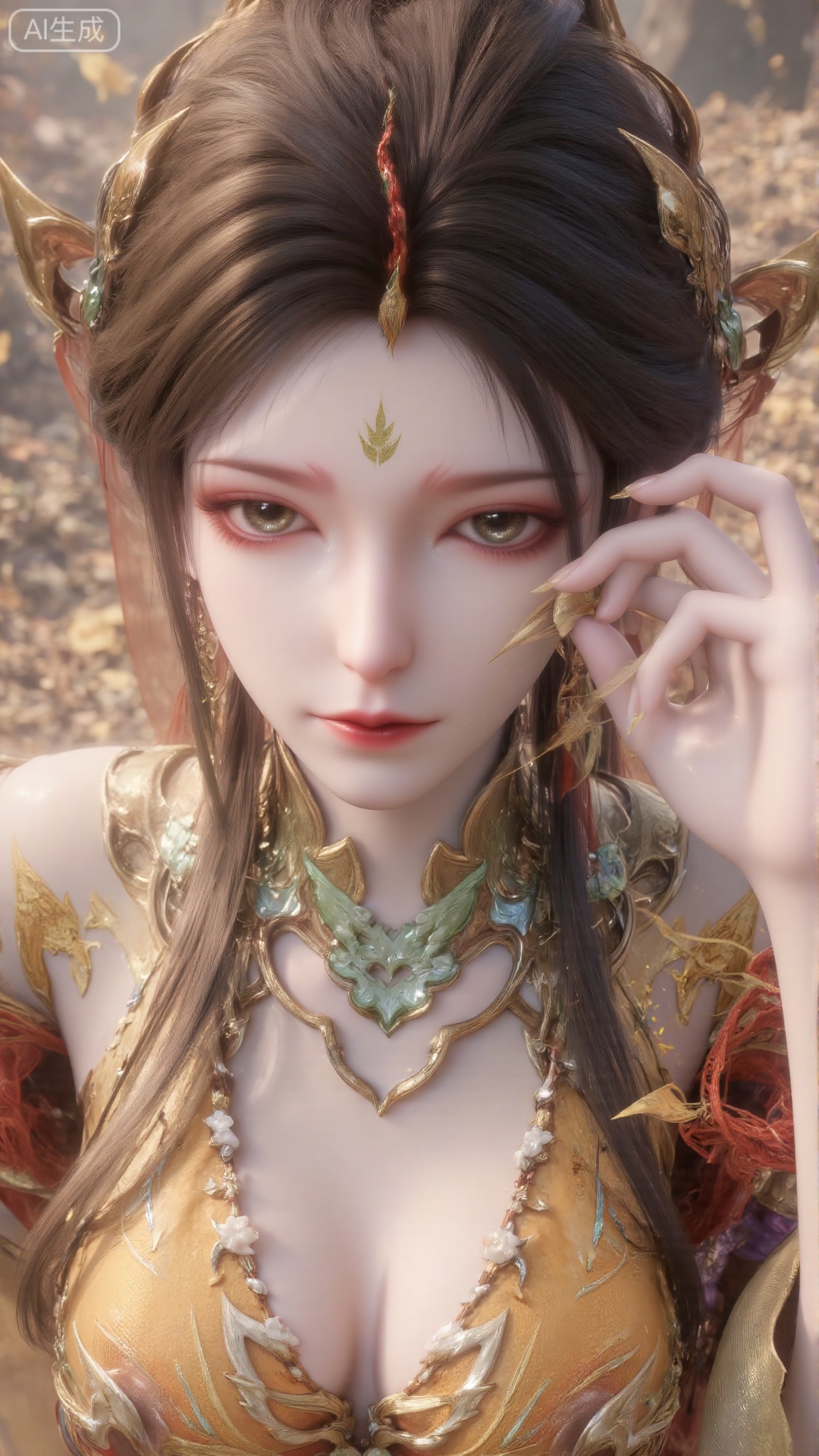 Morning light, soft focus, exquisite portrait, close-up, 3D rendering, extreme details, fairy, long black hair, flawless skin, black pupils, and white veil completely covering the nose and mouth. The style of the picture is national wind animation, high saturation color glow effect, dynamic light, dynamic composition of character posture, wind blowing through orange petals, mouth slightly open, lens direction from bottom to top 30 degrees, umbrella.(Top view: 0.7) Clearly shows the girl's posture and upper body, (Looking up at the audience: 0.4) Eyes are gently locked.