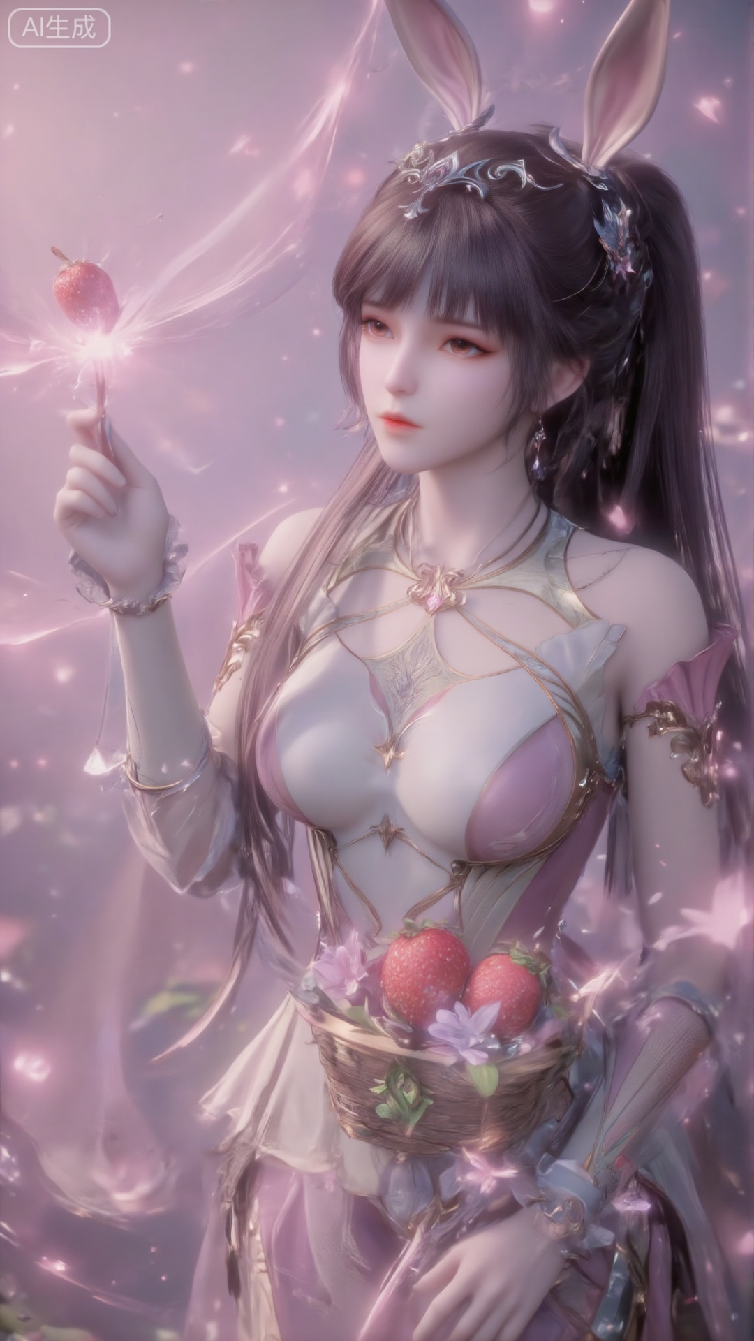Morning light, soft focus, exquisite portraits, close-ups, 3D rendering, extreme details, fairies, long black hair, flawless skin, brown pupils, and a pink veil completely cover the nose and mouth. The picture style is national wind animation, high saturation color halo effect, dynamic light and dynamic composition of character posture. The wind blows through the pink strawberry, the mouth is slightly open, and the lens direction is 30 degrees from bottom to top, opening an umbrella.(Top view: 0.7) Clearly shows the girl's posture and upper body, (Looking up at the audience: 0.4) Eyes are gently locked.With a basket full of strawberries in his hand.With a basket full of strawberries in his hand.With a basket full of strawberries in his hand.One hand is on the ground, and the other is holding a basket full of strawberries.One hand is on the ground, and the other is holding a basket full of strawberries.One hand is on the ground, and the other is holding a basket full of strawberries.