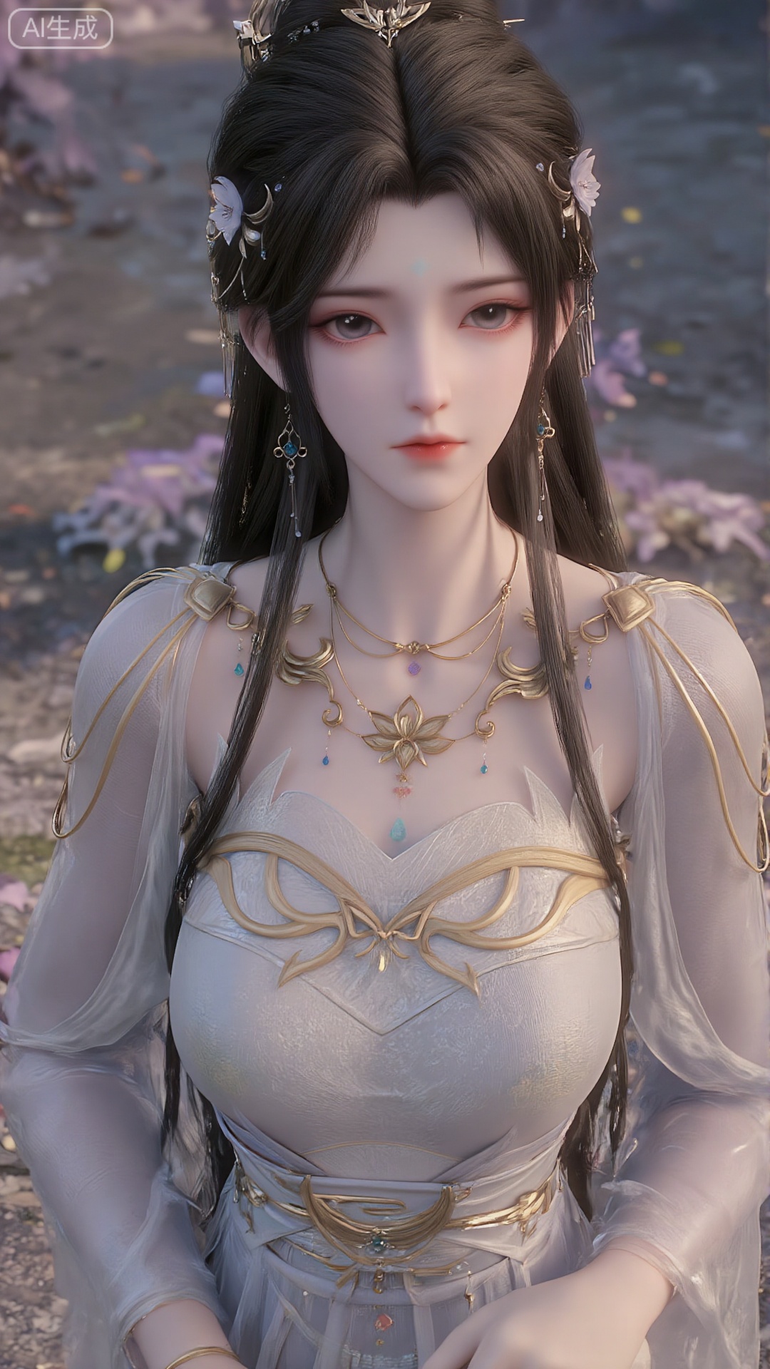 Morning light, soft focus, exquisite portrait, close-up, 3D rendering, extreme details, fairies, long black hair, flawless skin, black pupils and white veil completely cover the nose and mouth. The picture style is national wind animation, high saturation color halo effect, dynamic light and dynamic composition of character posture. The wind blows through the yellow and white petals, the mouth is slightly open, and the lens direction is 30 degrees from bottom to top, opening an umbrella.(Top view: 0.7) Clearly shows the girl's posture and upper body, (Looking up at the audience: 0.4) Eyes are gently locked.Holding a basket full of oranges.Holding a basket full of oranges.Holding a basket full of oranges.