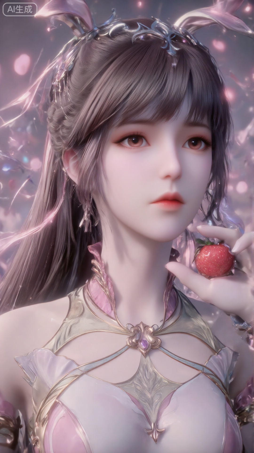 Morning light, soft focus, exquisite portraits, close-ups, 3D rendering, extreme details, fairies, long black hair, flawless skin, brown pupils, and a pink veil completely cover the nose and mouth. The picture style is national wind animation, high saturation color halo effect, dynamic light and dynamic composition of character posture. The wind blows through the pink strawberry, the mouth is slightly open, and the lens direction is 30 degrees from bottom to top, opening an umbrella.(Top view: 0.7) Clearly shows the girl's posture and upper body, (Looking up at the audience: 0.4) Eyes are gently locked.With a basket full of strawberries in his hand.With a basket full of strawberries in his hand.With a basket full of strawberries in his hand.One hand is on the ground, and the other is holding a basket full of strawberries.One hand is on the ground, and the other is holding a basket full of strawberries.One hand is on the ground, and the other is holding a basket full of strawberries.look up into the distance,look up into the distance,look up into the distance