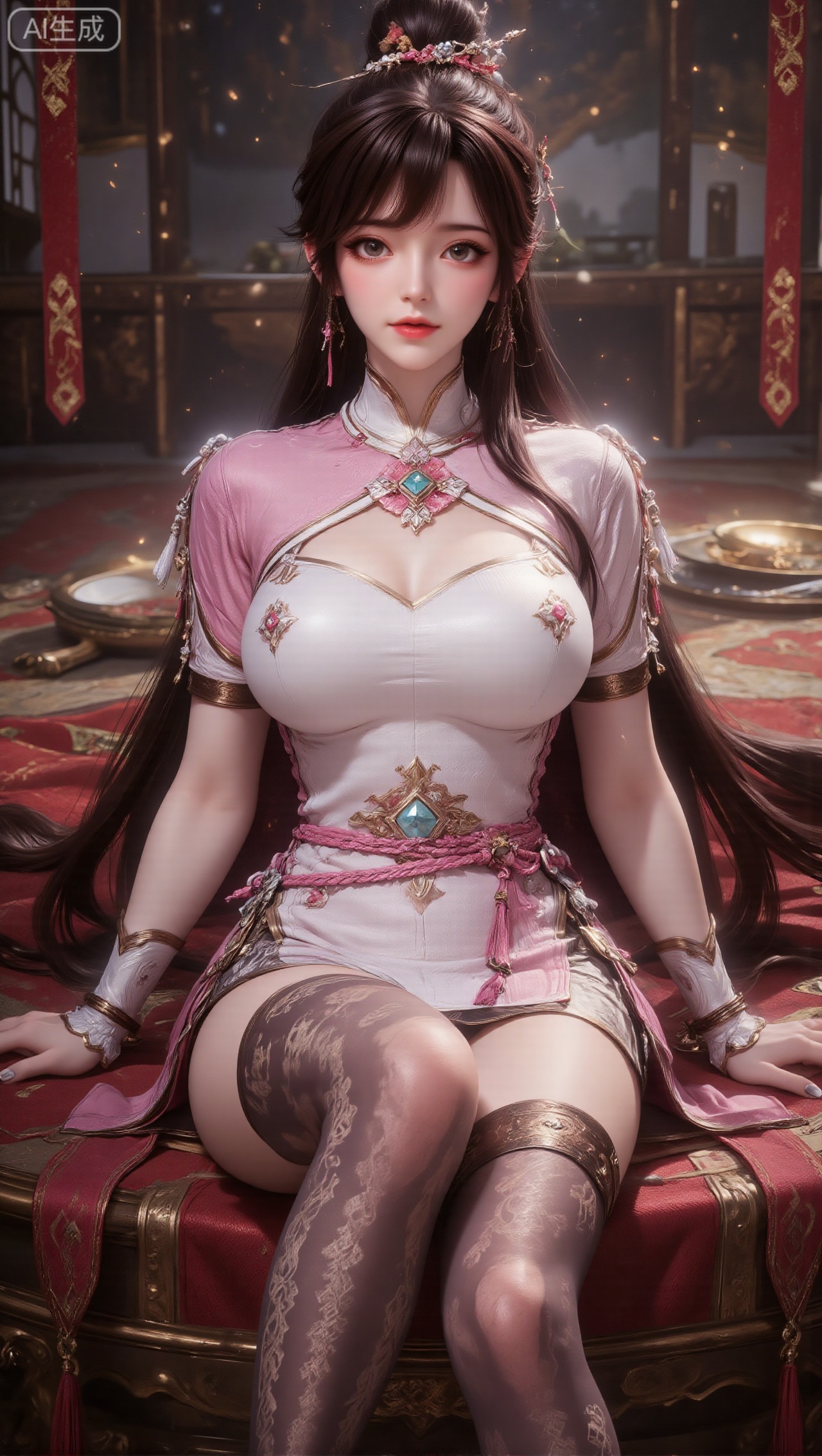 Panoramic portrait of a woman with long black hair tied up with a hairpin with light blue jade ornaments and pink tassels; the clothing is mainly light pink and white, with exquisite buttons, geometric decorations and tassels on the top. The chest is elegantly tailored, the body is decorated with traditional patterns, and the waist is tied Wearing a pink rope belt and dark brown stockings with golden rhombus patterns, the woman is sitting on the indoor floor of a gorgeously decorated ancient palace. She leans back lightly, with one arm naturally stretched by her side and her legs in an elegantly curved posture. There are classical furniture and exquisitely carved palace scenes around her.