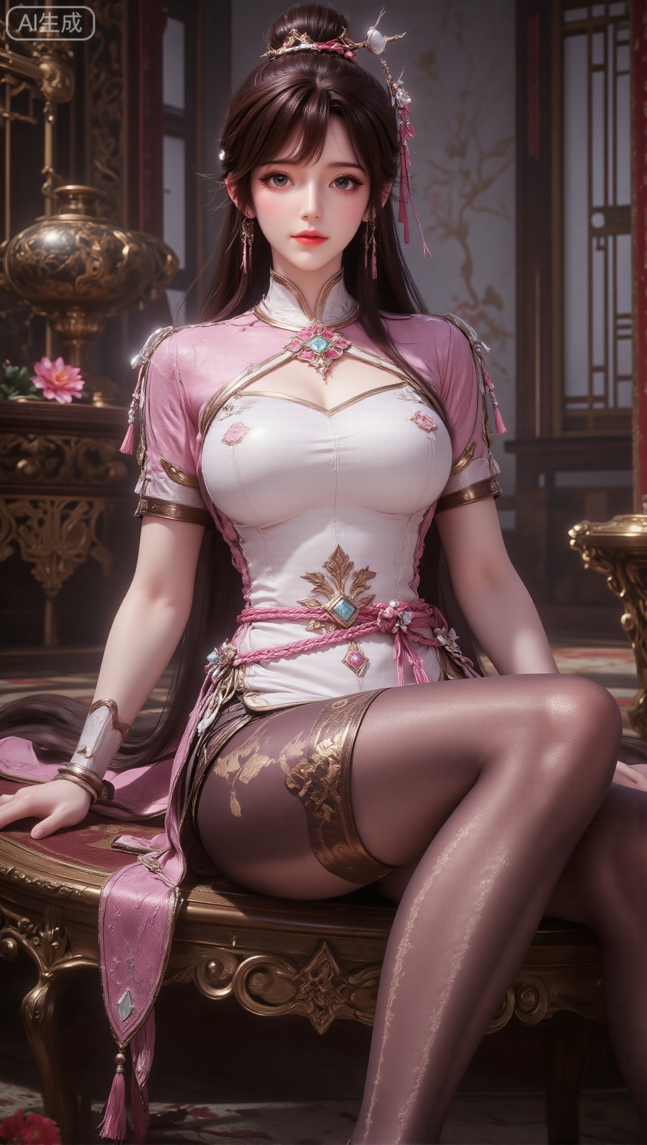 Panoramic portrait of a woman with long black hair tied up with a hairpin with light blue jade ornaments and pink tassels; the clothing is mainly light pink and white, with exquisite buttons, geometric decorations and tassels on the top. The chest is elegantly tailored, the body is decorated with traditional patterns, and the waist is tied Wearing a pink rope belt and dark brown stockings with golden rhombus patterns, the woman is sitting on the indoor floor of a gorgeously decorated ancient palace. She leans back lightly, with one arm naturally stretched by her side and her legs in an elegantly curved posture. There are classical furniture and exquisitely carved palace scenes around her.