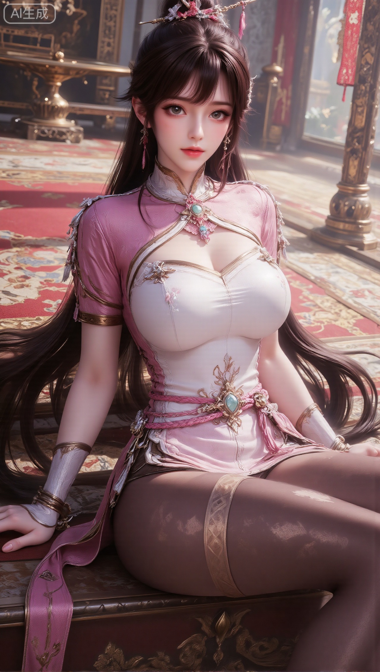 Panoramic portrait of a woman with long black hair tied up with a hairpin with light blue jade ornaments and pink tassels; the clothing is mainly light pink and white, with exquisite buttons, geometric decorations and tassels on the top. The chest is elegantly tailored, the body is decorated with traditional patterns, and the waist is tied Wearing a pink rope belt and dark brown stockings with golden rhombus patterns, the woman is sitting on the indoor floor of a gorgeously decorated ancient palace. She leans back lightly, with one arm naturally stretched by her side and her legs in an elegantly curved posture. There are classical furniture and exquisitely carved palace scenes around her.