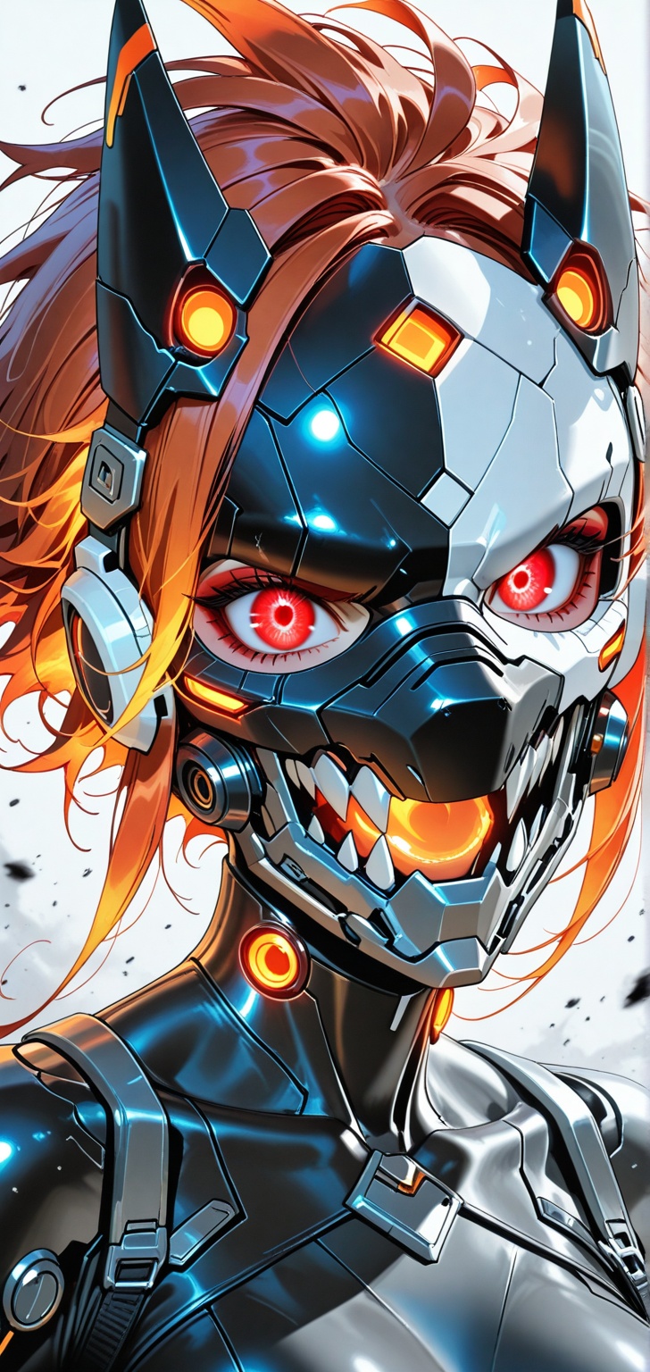 An illustration in Igoratuk style. A digital illustration of a futuristic female character with short,  fiery orange hair...