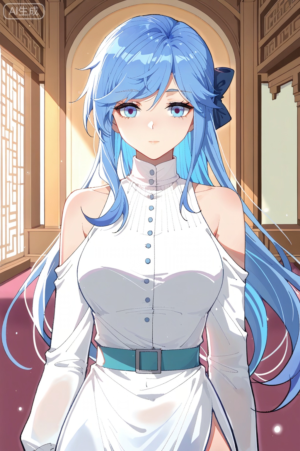 白秀秀,masterpiece,best quality,official art,extremely detailed CG unity 8k wallpaper,1girl,solo,mature female,bangs, blue eyes,long hair,bare shoulders,long sleeves, white dress, side slit, blue hair, shoulder cutout, hair bow,belt