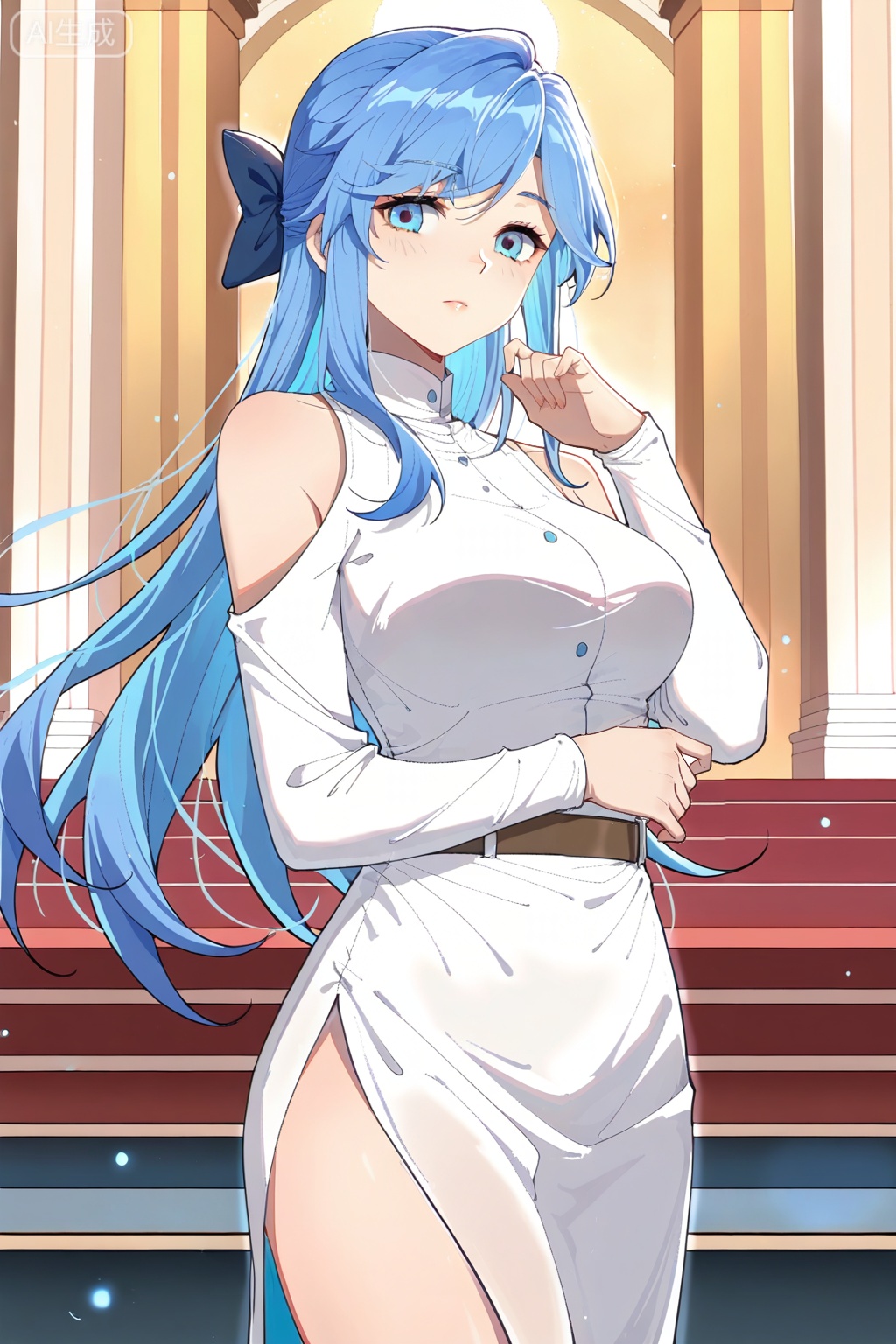 白秀秀,masterpiece,best quality,official art,extremely detailed CG unity 8k wallpaper,1girl,solo,mature female,bangs, blue eyes,long hair,bare shoulders,long sleeves, white dress, side slit, blue hair, shoulder cutout, hair bow,belt