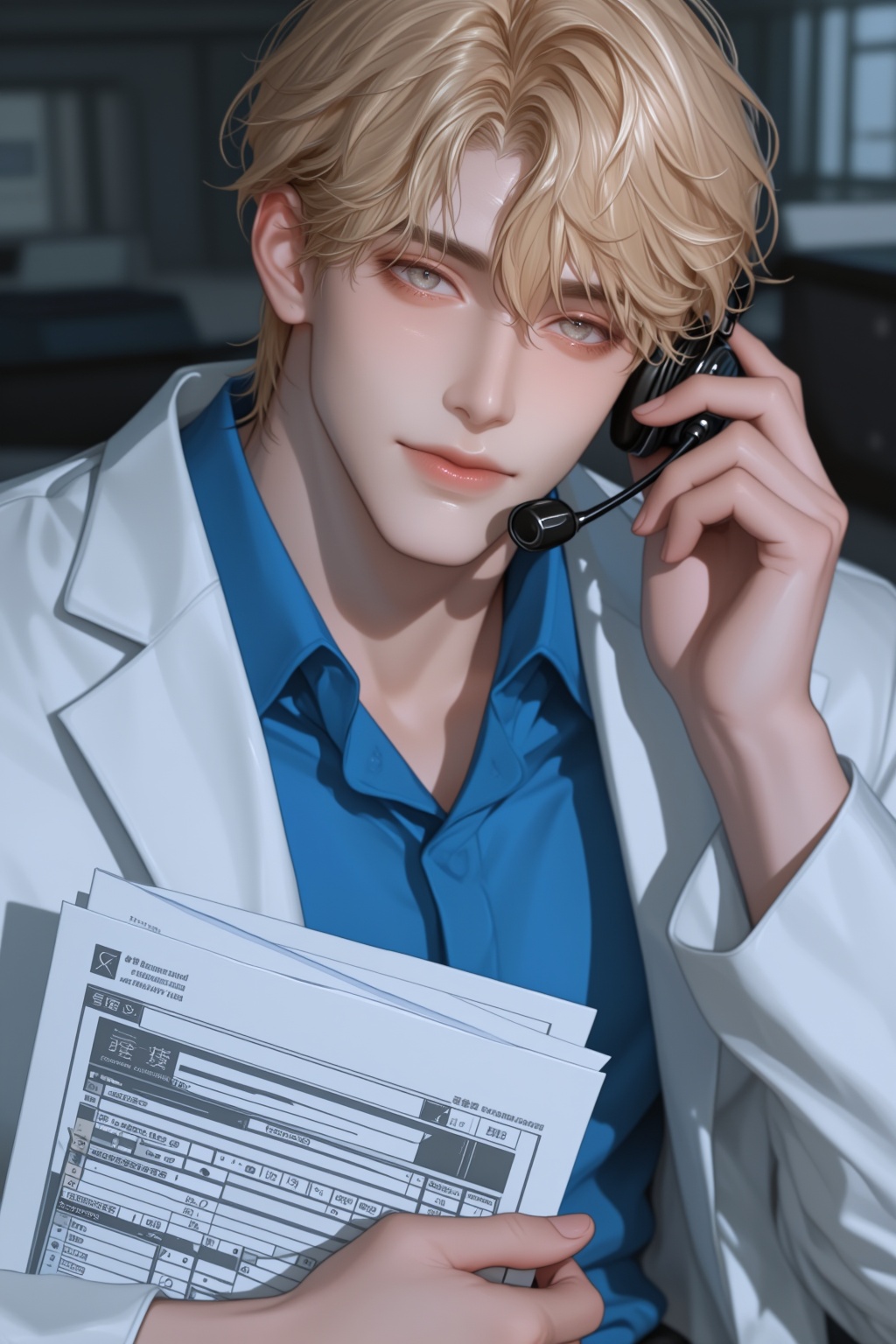 This is an niji-anime-style image,  The image depicts a male figure with light blonde hair styled in loose waves wearing a...
