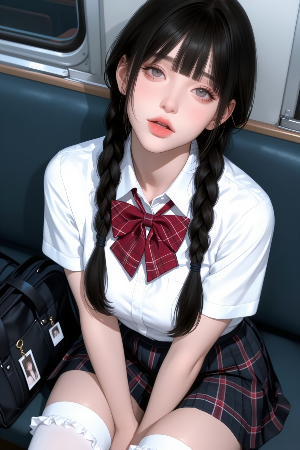 This is an niji-anime-style image,  The image depicts a young girl seated in what appears to be a train carriage. She has...