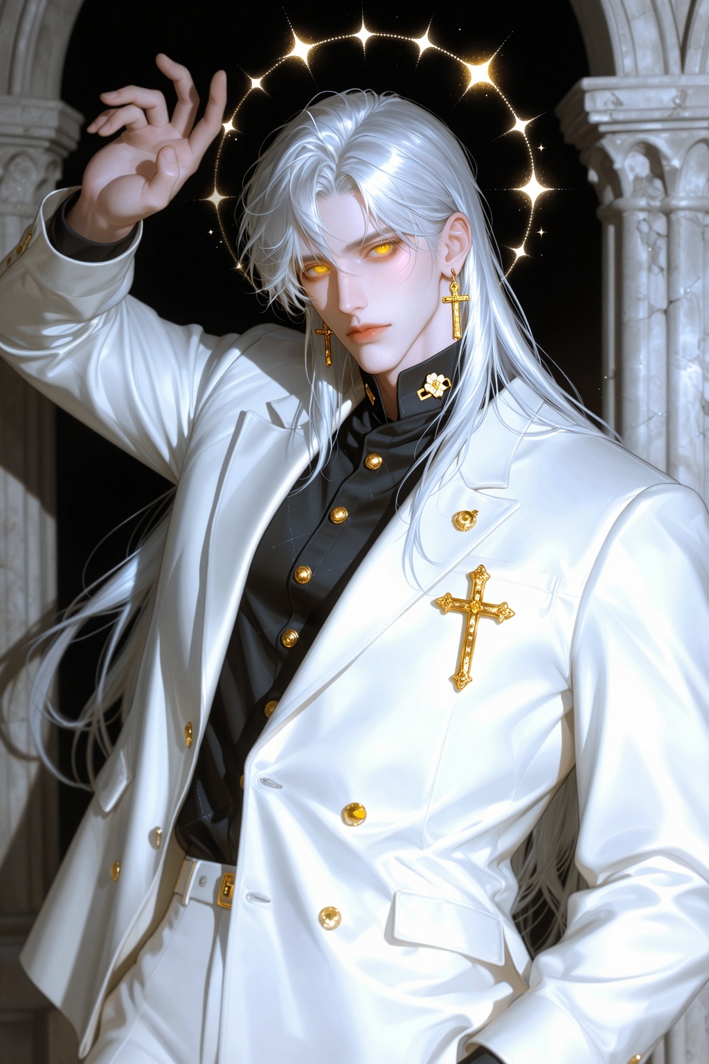 This is an niji-anime-style image,  The image depicts a striking figure with long flowing silver hair that cascades down t...