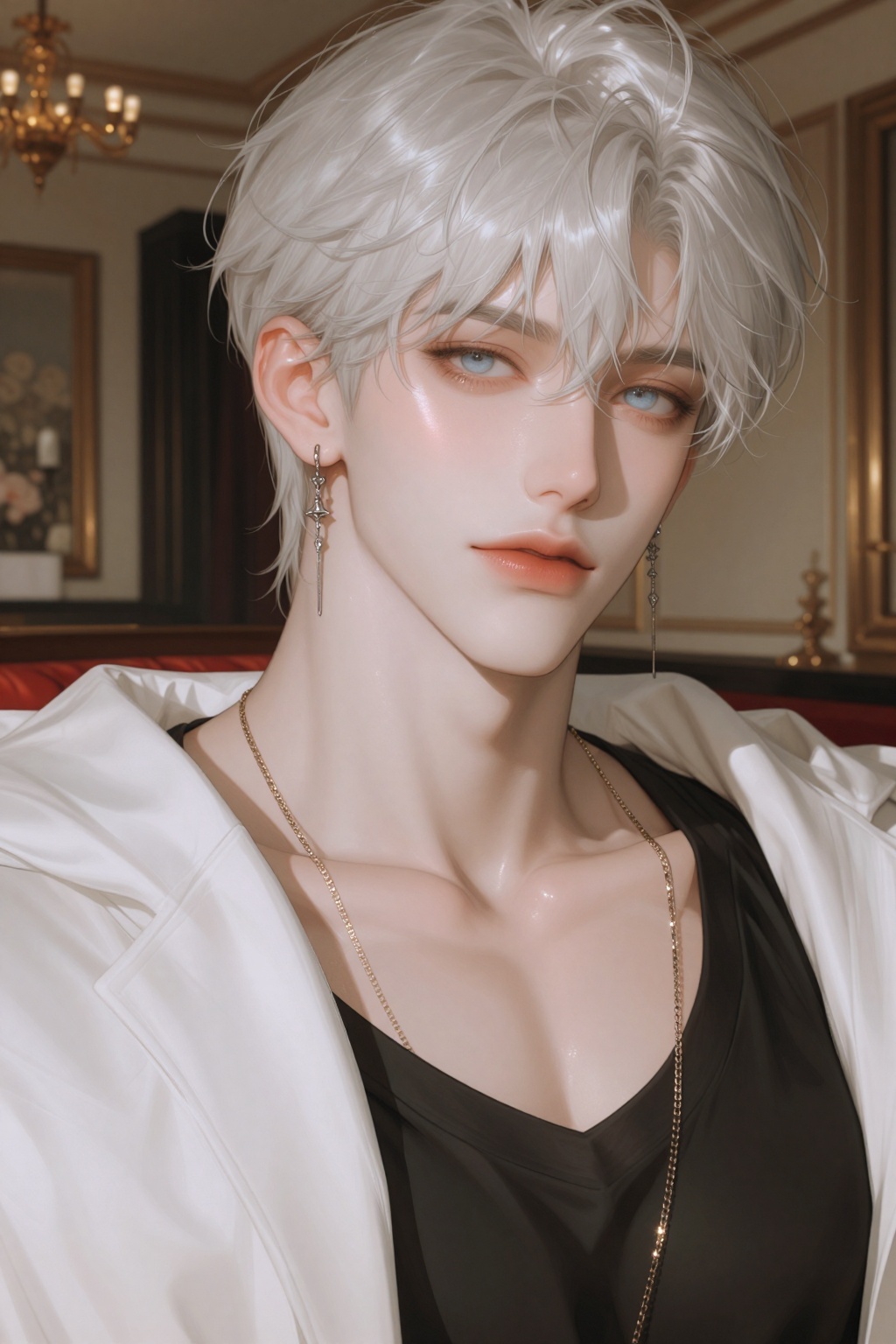 This is an niji-anime-style image,  The image depicts a young male figure with striking platinum-blonde hair styled in a s...