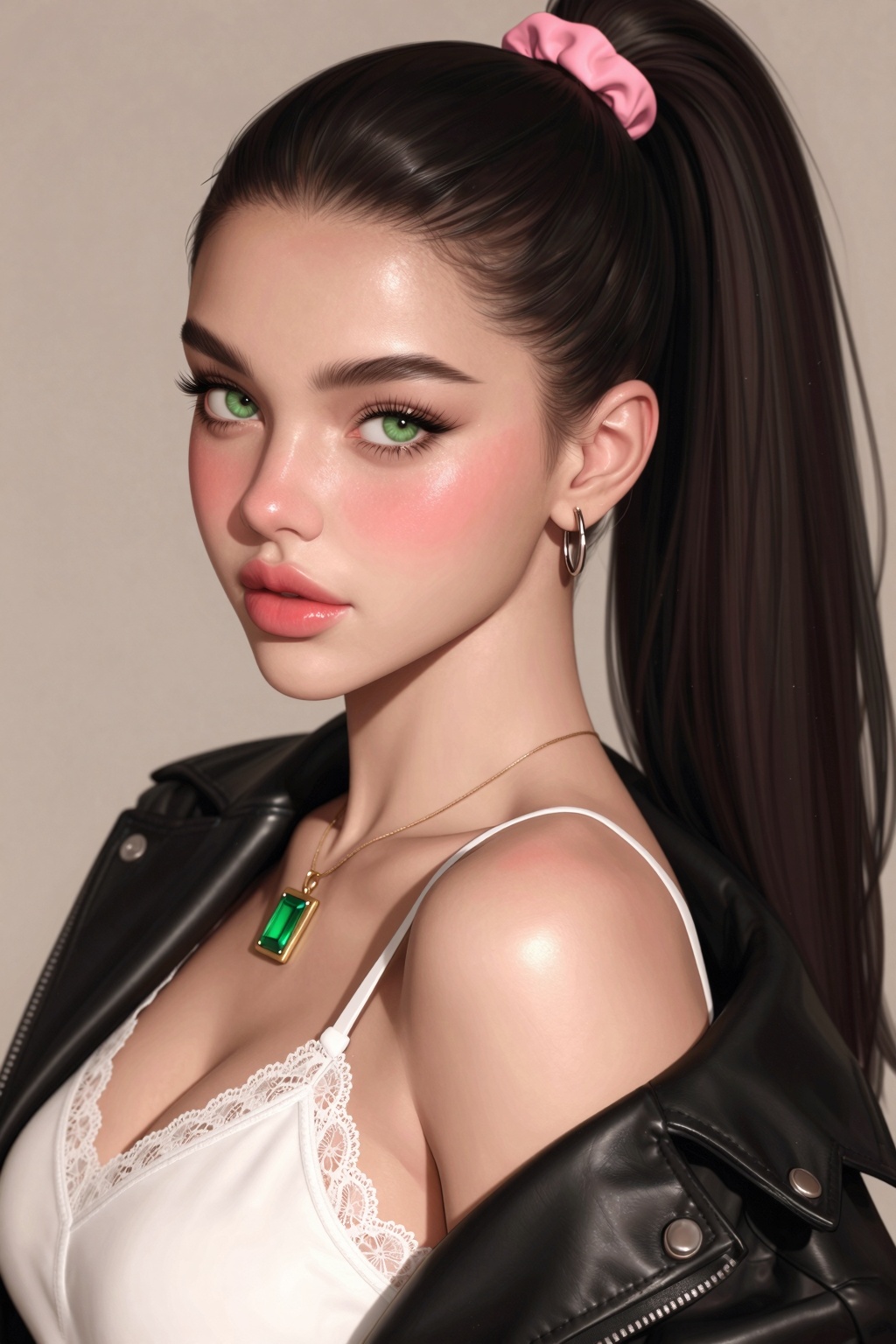 This is an niji-anime-style image,  The image features a close-up portrait of a woman with long straight dark brown hair t...