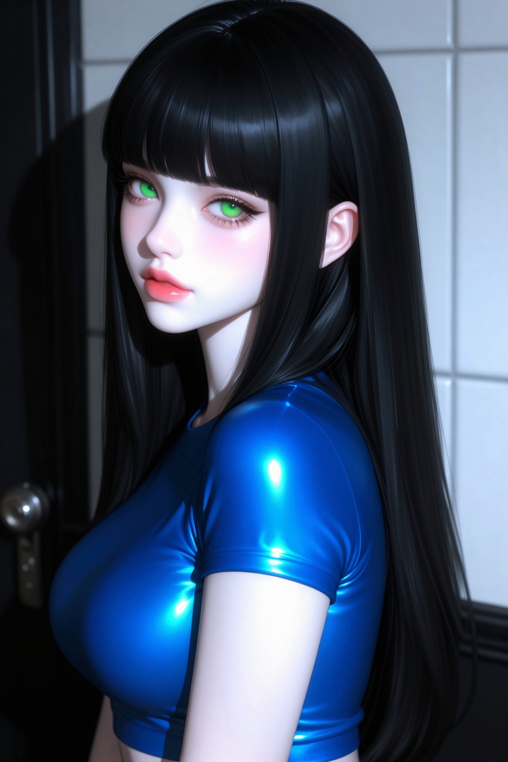 This is an niji-anime-style image,  The image features a figure with long straight black hair that falls past the shoulder...