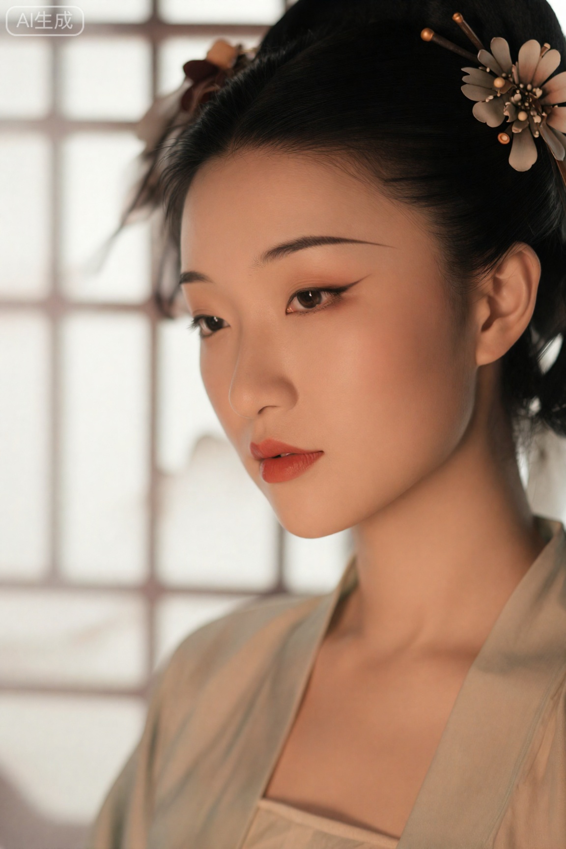 中式美人特写,柳叶眉,点绛唇,乌发簪花,素雅旗袍领,柔光窗影,水墨意境,仿宋代仕女画