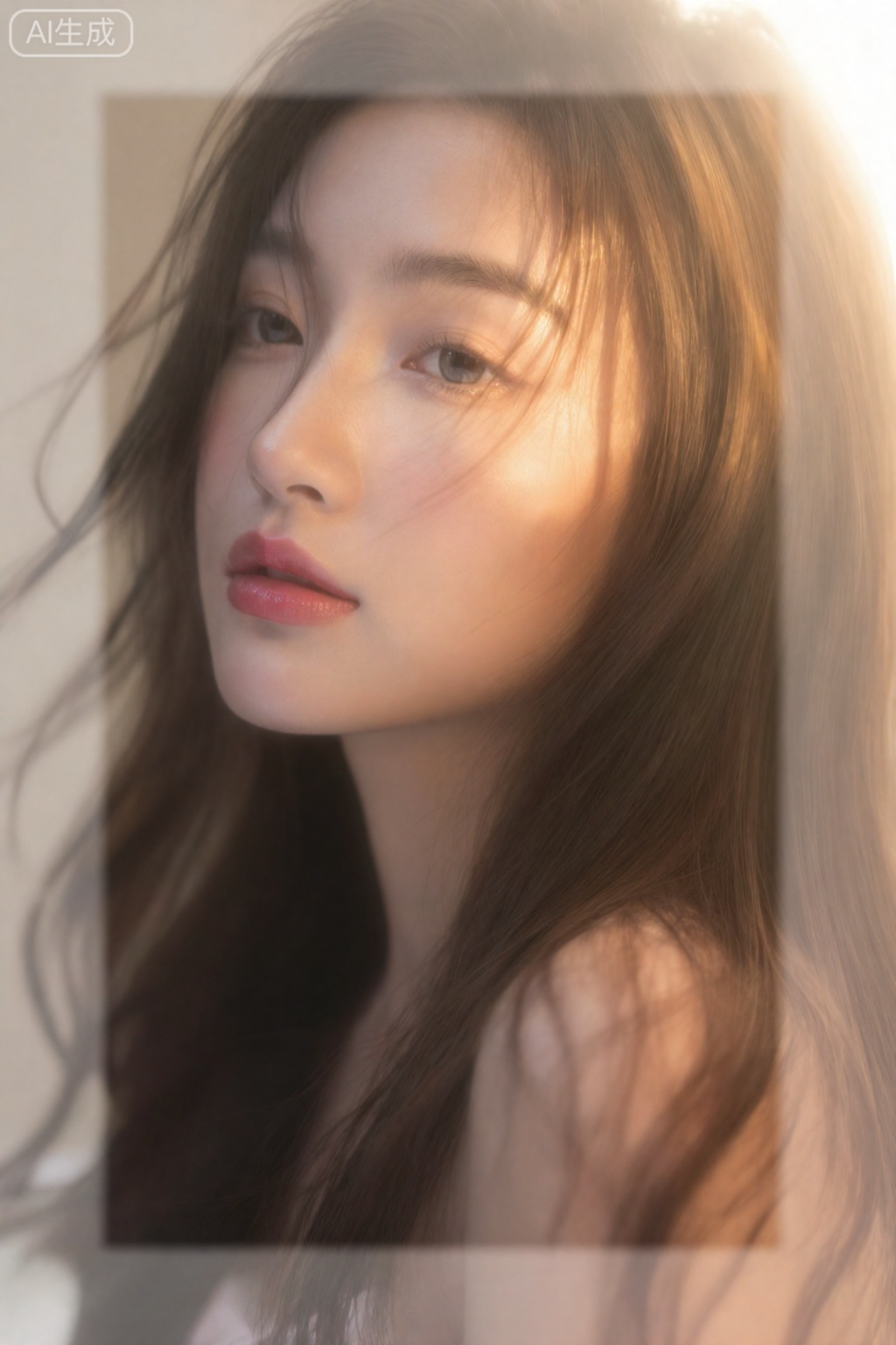 梦幻柔焦女性特写,长发飘逸,眼神迷离,逆光拍摄,发丝泛着金边,浅粉色唇彩,朦胧光晕背景,仙气十足,85mm人像镜头效果。