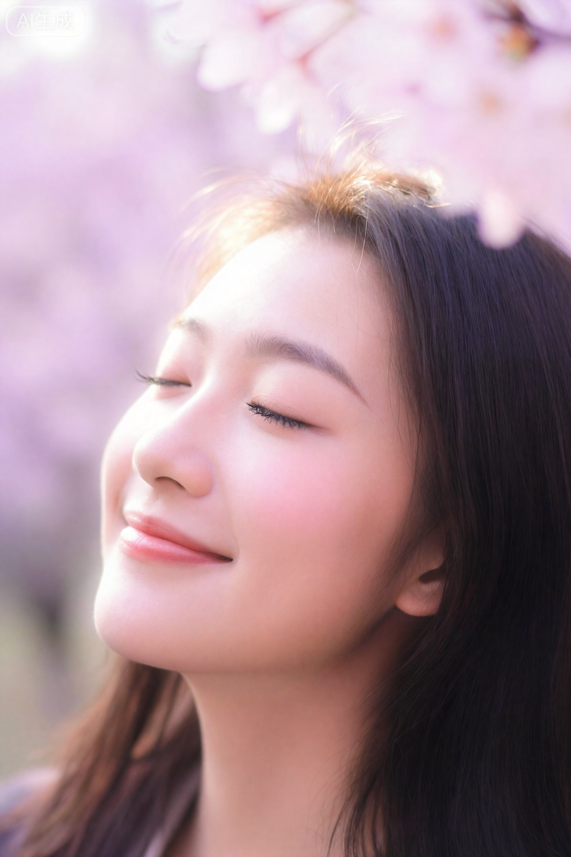 梦幻唯美少女特写,柔焦镜头,逆光发丝发光,闭眼微笑,樱花飘落背景,粉紫色调,皮肤透亮,睫毛纤长,日系胶片风格。
