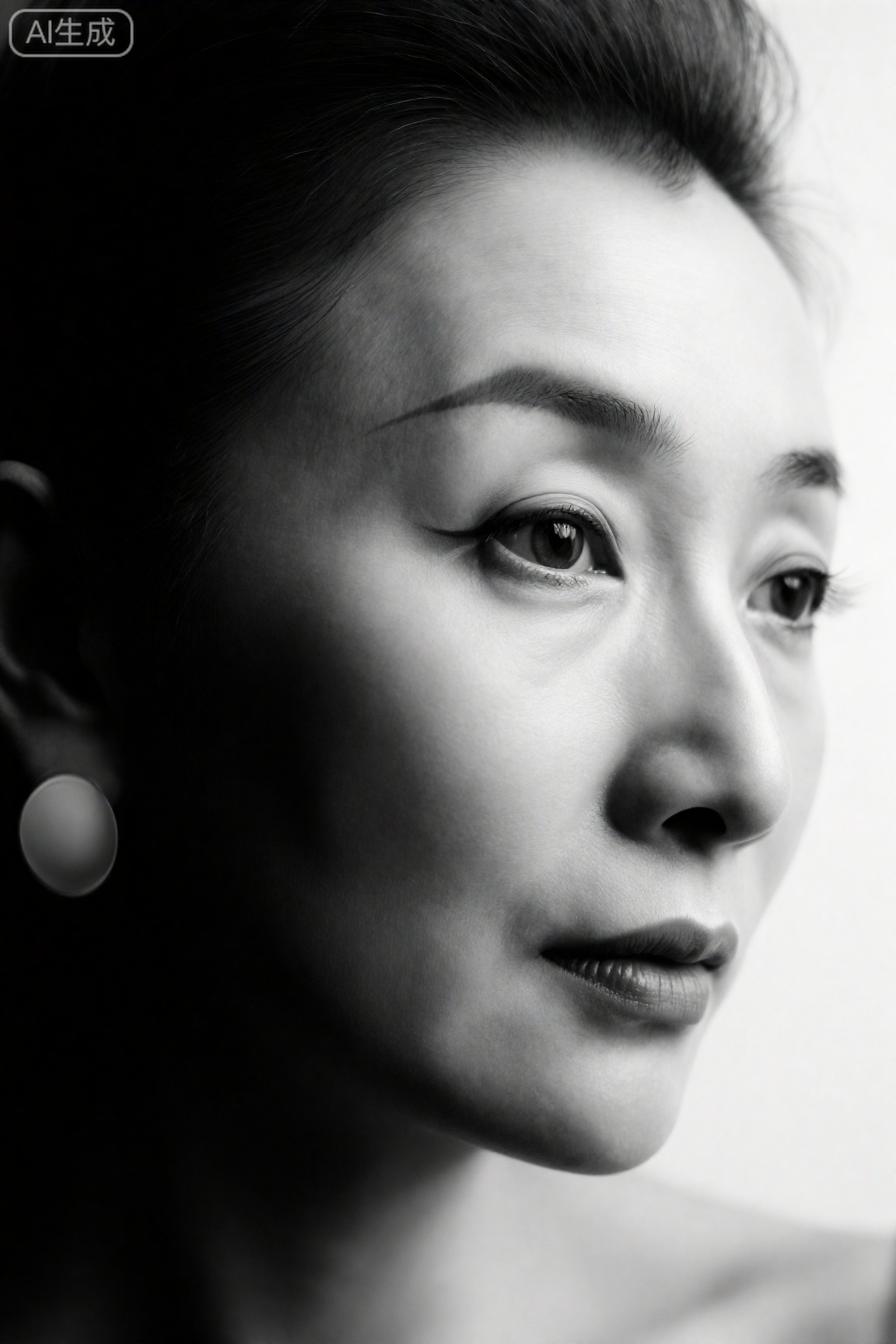 黑白人像特写,年长女性,面部轮廓鲜明,高对比布光,伦勃朗光效,富有情感的表情,经典优雅,艺术摄影