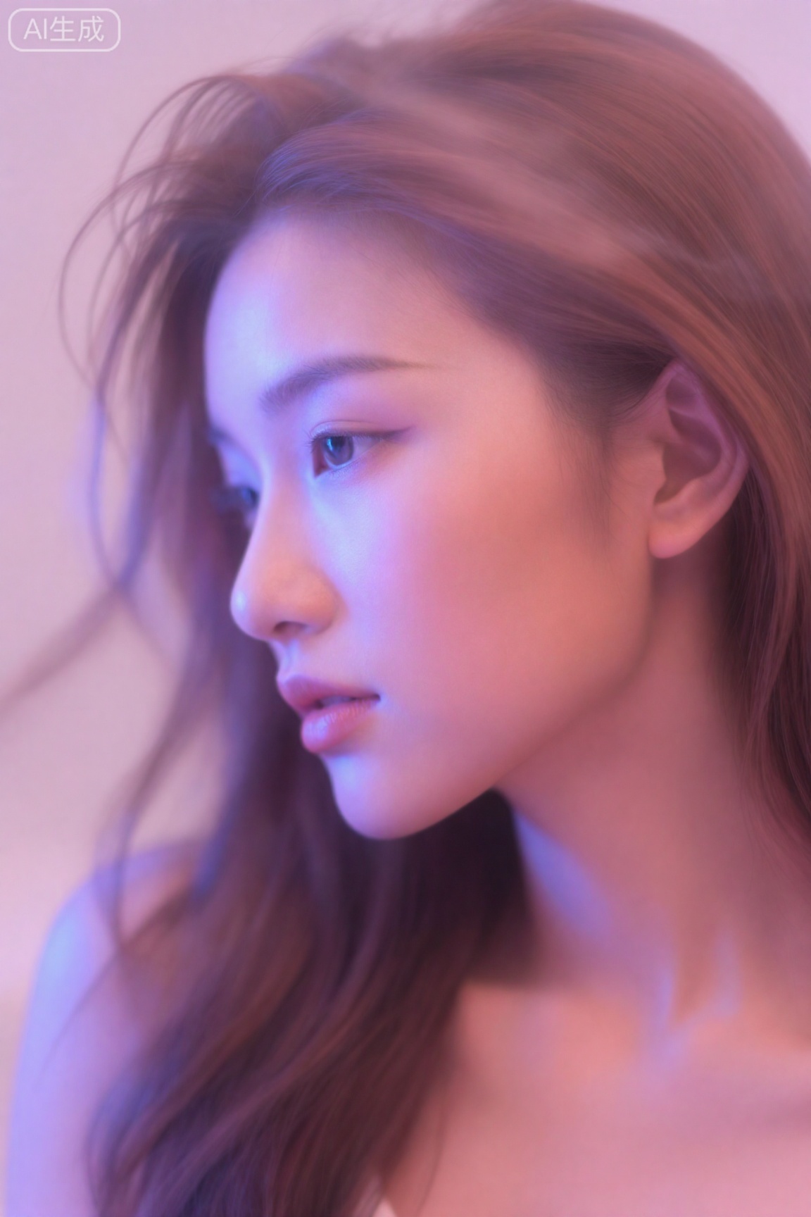 梦幻女性特写,白皙肌肤,长发飘逸,皮肤泛着柔光,柔焦背景,粉彩色调,童话般氛围,幻想摄影风格