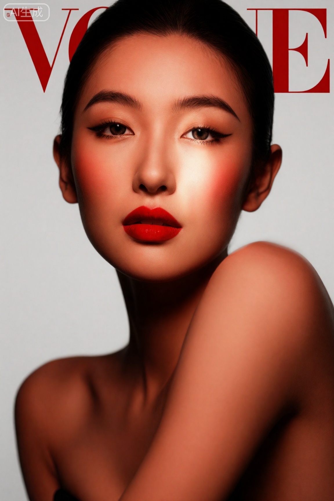 高级时尚女性特写,自信的女性,烈焰红唇,浓烈眼妆,影棚布光带轮廓光,Vogue封面风格,眼神锐利,优雅而有力的表情