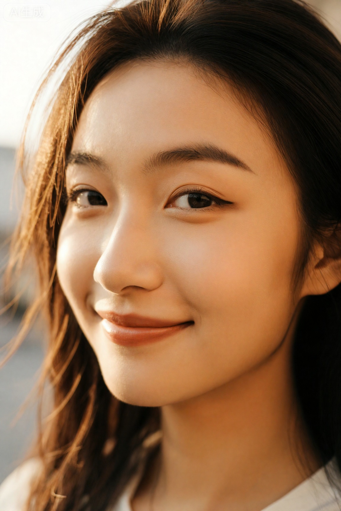一位东亚年轻女性特写,淡妆,阳光照耀下的肌肤,温柔微笑,微风吹拂发丝,黄金时刻光线,胶片摄影风格,柯达Portra 400色调