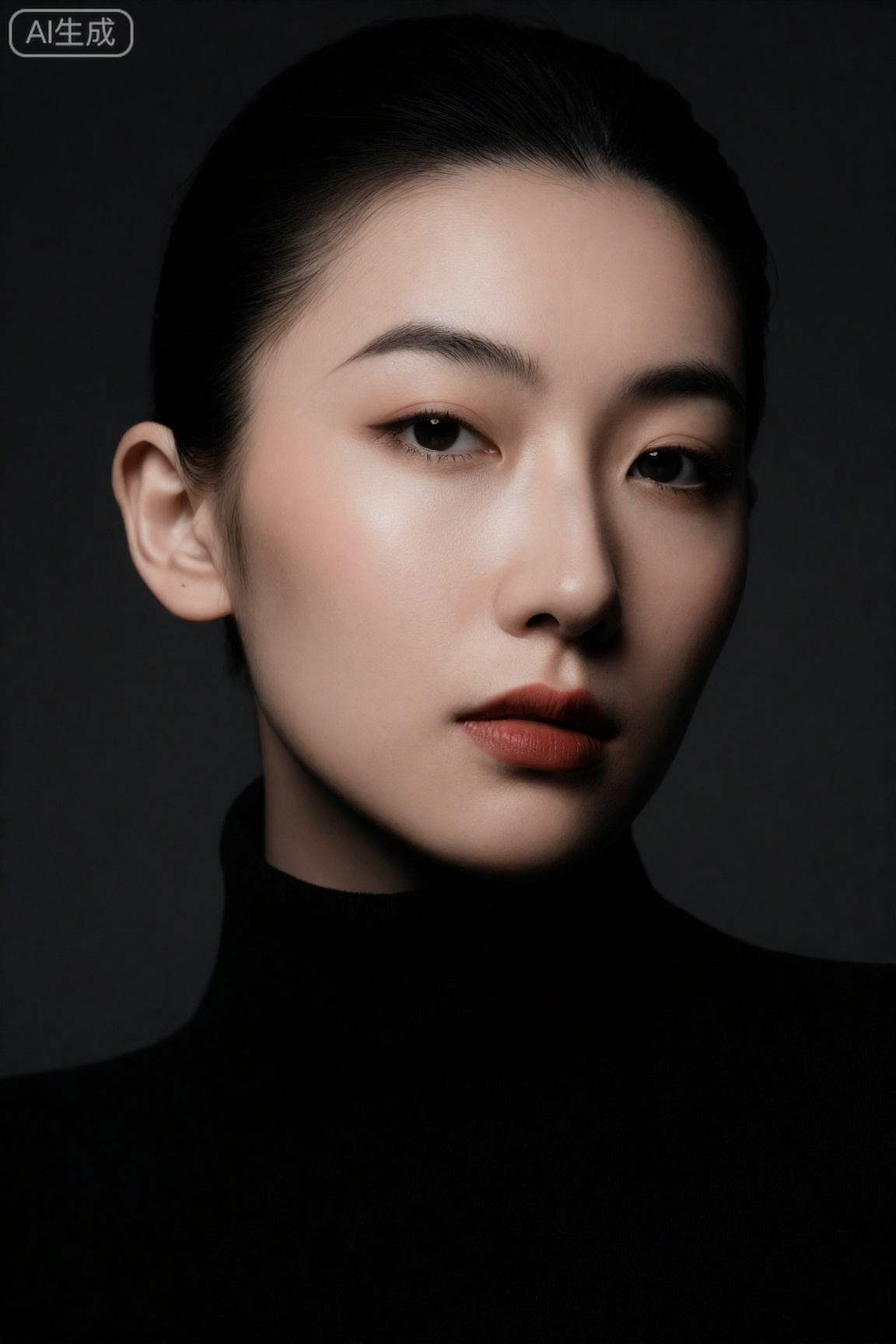 冷艳女性肖像特写,欧美时尚大片风格,戏剧性侧光,深邃眼神,红唇微启,黑色高领毛衣,极简深灰背景,高清摄影,8K细节。